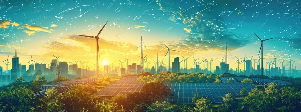 Vibrant Sunrise over Futuristic City with Renewable Energy Sources