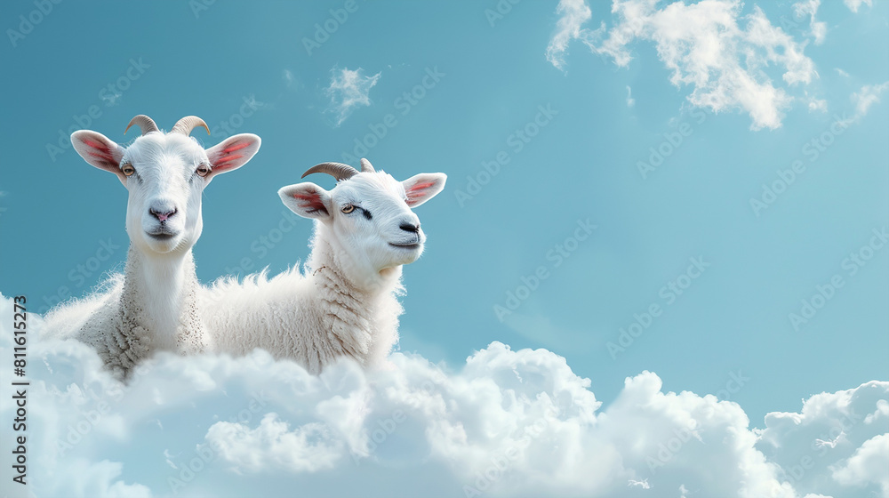 Wall mural Eid ul adha concept goats on blue background with clean white clouds, Happy eid day