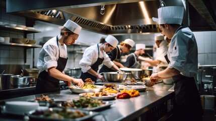 A large and glamorous Busy Kitchen restaurant with chefs and cooks working on their dishes.