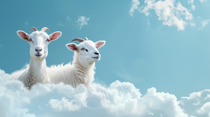 Eid ul adha concept goats on blue background with clean white clouds, Happy eid day