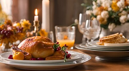  Traditional festive dinner with delicious roasted turkey served on table