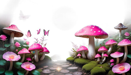 tale glowing rays mysterious mushrooms fantasy moon pink elf fairytale fabulous rose enchanted magical stars night forest flower dreamy shiny blooming background fairy butterfly mushroom magic dream