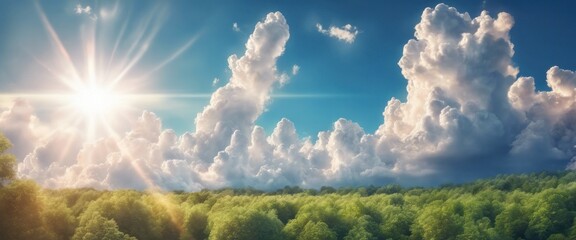 Breathtaking view of a lush forest under a sky filled with fluffy clouds, highlighted by the radiant sun. - Powered by Adobe
