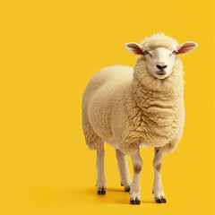 Fototapeta premium A happy Arabic sheep in a close up shot against a vibrant yellow background. Eid ul Adha mubarak concept