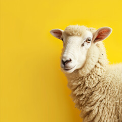 Fototapeta premium A happy Arabic sheep in a close up shot against a vibrant yellow background. Eid ul Adha mubarak concept