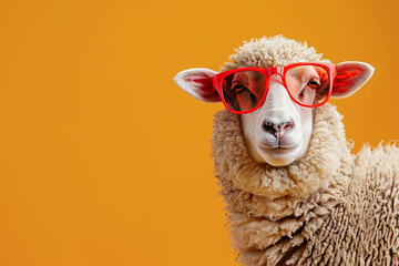A happy joyful sheep with red glasses on orange background