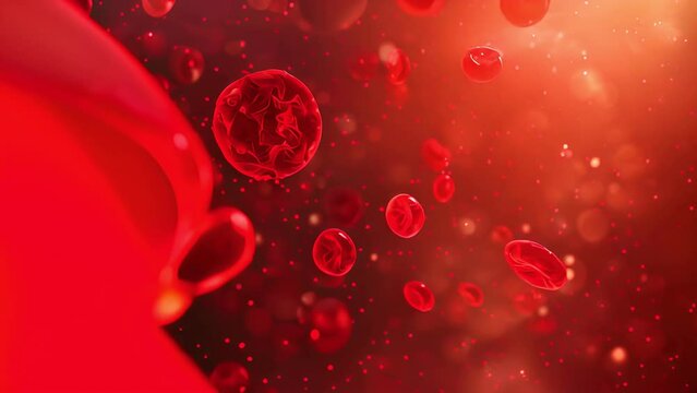 close up of a red and blue virus with red blood cells surrounding it. The red blood cells are scattered throughout the image, with some closer to the virus and others further away