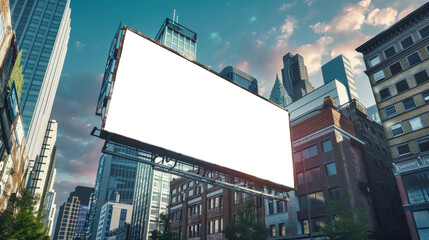An empty bench is placed in front of a large billboard in a modern city setting. The billboard displays a mockup advertisement