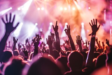 Big crowd of people having fun at concert, hands up and enjoying music performance on stage with bright lights and smoke in the background.