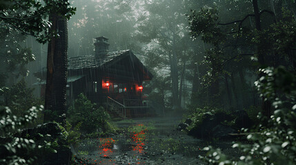 3d house in rainy day forest in dark atmosphere