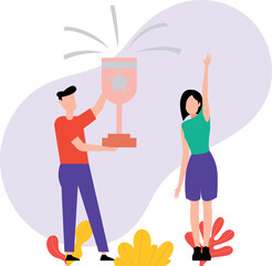 Boy and girl won the trophy.