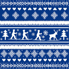 
A seamless blue and white pattern with an illustration of skiers, snowflakes, Christmas trees and hearts in the style of traditional Nordic knitting patterns
