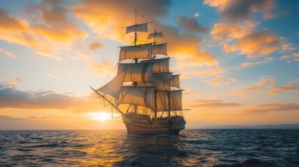 Obraz premium huge sailing ship in full sails in the open ocean, 