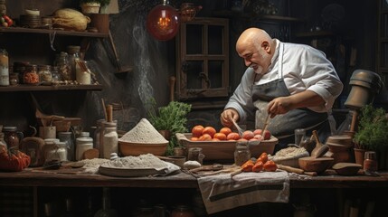 Fantastic fairytale chef preparing food in the old kitchen at night.