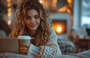 Blonde woman on sofa, sipping coffee, working on laptop, with curls, exuding joyful contentment.
