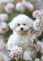 A small white dog sitting in a cherry blossom tree.