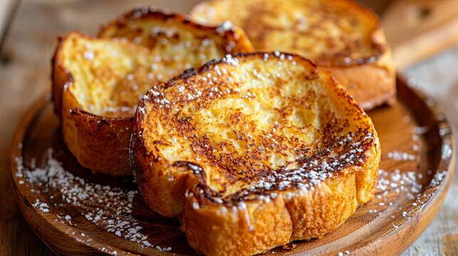 French toast on a wooden plate with powdered sugar.