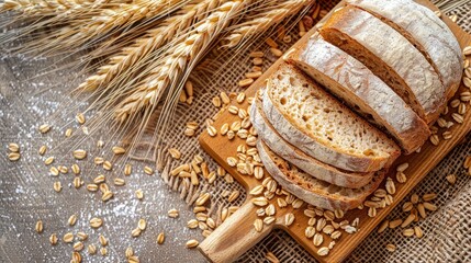 Freshly baked whole grain sourdough bread slices on a wooden board with wheat ears and scattered cereal grains on a table covered with a burlap tablecloth seen from above