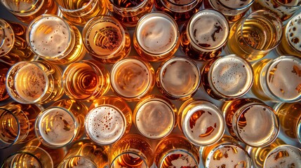 Numerous beer glasses viewed from above create a crowded, captivating scene.
