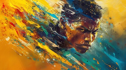 Colorful, abstract expression of a running man with an intense gaze, creatively captured with stylized animallike vigor and bold strokes