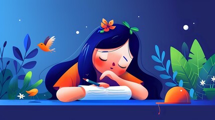Naklejka premium Determined Woman Crafting Poetry in Lush Setting