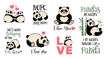 Cute lazy pandas with funny inscriptions.