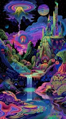 Concept Art of ancient sentinel protectors outside a mythical bastion, illustrated in a Surreal landscape with dreamlike surrealism and vibrant, psychedelic patterns