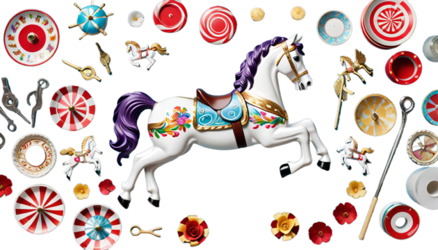 carousel horse circus roundabout vintage cartoon entertainment amusement carnival tent fun illustration park watercolor luna retro childish childhood blue baby white hand-drawn painting attraction