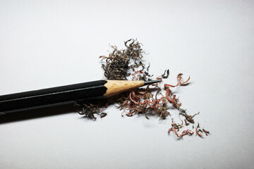 debris from a pencil sharpener black pencil wood on a white background