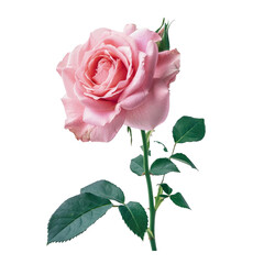 Obraz premium Pink rose with leaves on the stem isolated on transparent background 