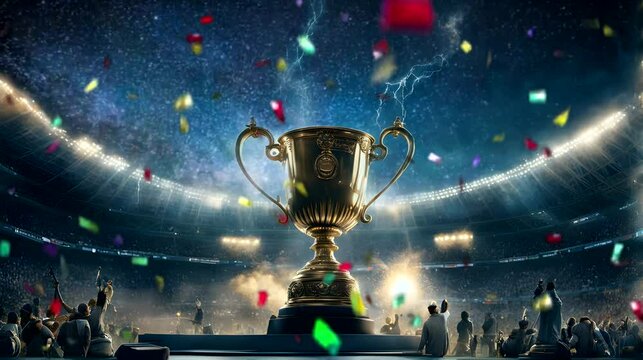 Golden trophy with peoples in the stadium