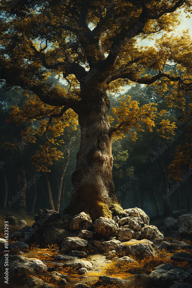 Poster a large tree with a trunk that is covered in moss and rocks