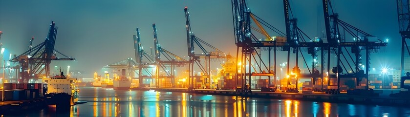 Bustling Port with Cranes Under Twinkling City Skyline at Night