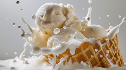 A close-up shot of a waffle cone filled with scoops of ice cream crashing down onto a smooth white surface, creating a momentary splash of frozen delight
