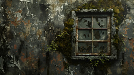 Zoom in on the textures of the wall surrounding the vintage window, with moss and lichen clinging to the rough surface and adding character to the scene