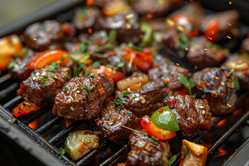 Grilled Kabobs Closeup. Sizzling grilled kabobs with veggies and herbs on a grill pan