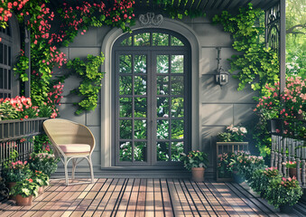 A beautiful balcony with a wooden floor, a comfortable chair and green flowers in pots is an oasis of peace and relaxation.