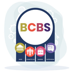 BCBS, BASEL COMMITTEE ON BANKING SUPERVISION. Concept with keyword and icons. Flat vector illustration. Isolated on white.