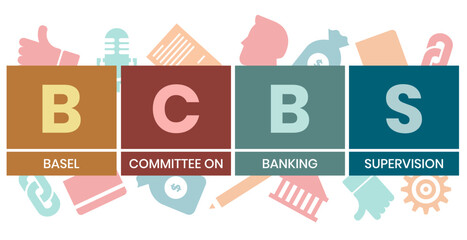 BCBS, BASEL COMMITTEE ON BANKING SUPERVISION. Concept with keyword and icons. Flat vector illustration. Isolated on white.
