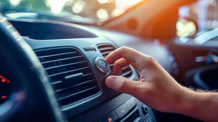 Hand adjusting a car's air conditioner to a moderate setting to conserve fuel and energy