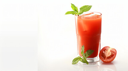 Glass of tasty tomato juice on white background