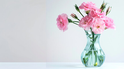 Glass vase with beautiful eustoma flowers on white background