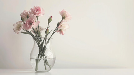 Glass vase with beautiful eustoma flowers on white background