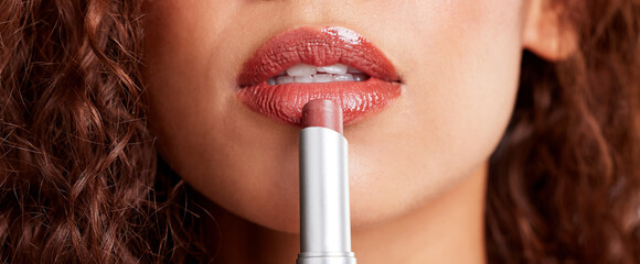 Woman, lipstick and studio with closeup, mouth and pout for cosmetic or makeup. Cosmetology, face...