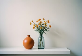 Clean Aesthetic Scandinavian style table with decorations. Zen. Spiritual	Vase and flowers.