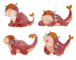 Ankylosaurus . Cute dinosaur cartoon characters . Watercolor paint design . Set 25 of 27 . Illustration .