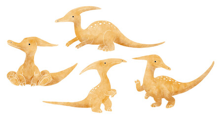Parasaurolophus . Cute dinosaur cartoon characters . Watercolor paint design . Set 26 of 27 . Illustration .