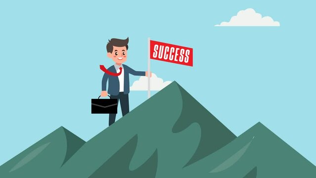 Animation Businessman Climb Mountain With Flag and Suitcase On Hand Describe Success Of Business Growth Company And Financial Achievment