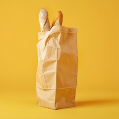 French baguette in a craft paper bag on a yellow background.