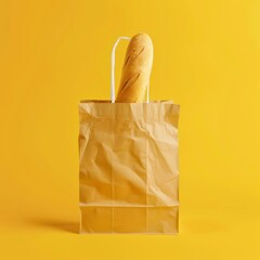 French baguette in a craft paper bag on a yellow background.